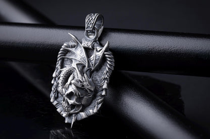 Sterling Silver Dragon Skull Pendant: Handmade Rustic Fantasy Jewelry