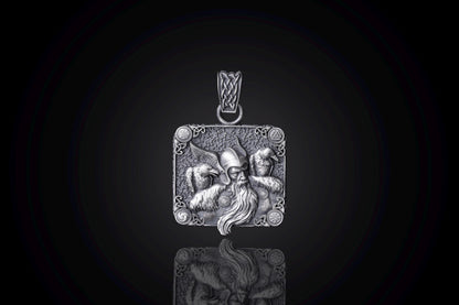 Intricately detailed Scandinavian Viking Pendant featuring a Viking warrior's face sculpted in silver, designed as a square pendant with ornamental corners and a braided bail for a chain necklace.