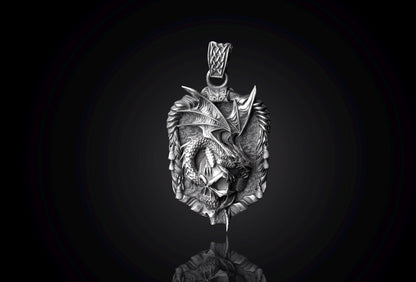 Sterling Silver Dragon Skull Pendant: Handmade Rustic Fantasy Jewelry