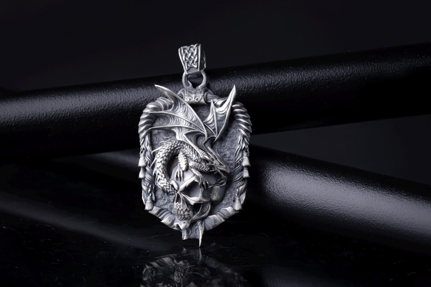 Sterling Silver Dragon Skull Pendant: Handmade Rustic Fantasy Jewelry