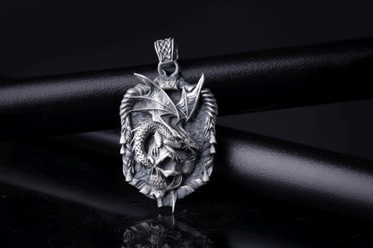 Sterling Silver Dragon Skull Pendant: Handmade Rustic Fantasy Jewelry