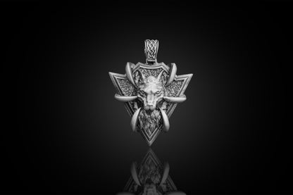Sterling Silver Arrowhead Wolf Pendant featuring a detailed wolf head with tusks set in an intricately textured arrowhead design, perfect for silver jewellery collections.