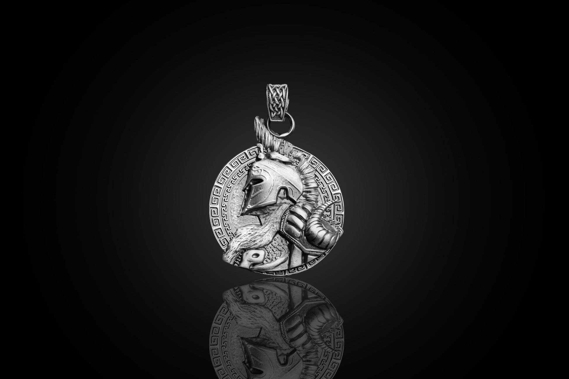 Gladiator Pendant featuring detailed craftsmanship of an ancient warrior helmet and armor in silver, designed as a striking silver jewellery piece with chain necklace loop.