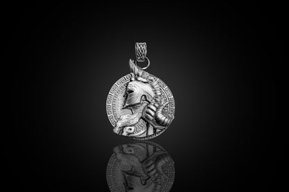 Gladiator Pendant featuring detailed craftsmanship of an ancient warrior helmet and armor in silver, designed as a striking silver jewellery piece with chain necklace loop.