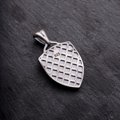 Aries Ram Pendant made of sterling silver with a detailed lattice pattern on the back, showcasing a 925 purity stamp for authenticity.
