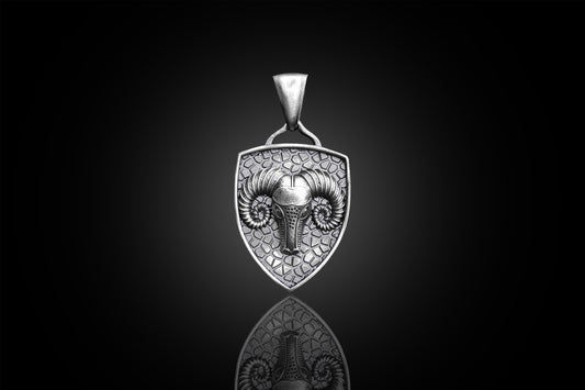 Aries Ram Pendant featuring a detailed ram head design on a textured shield-shaped silver pendant, perfect for those seeking unique silver jewellery.