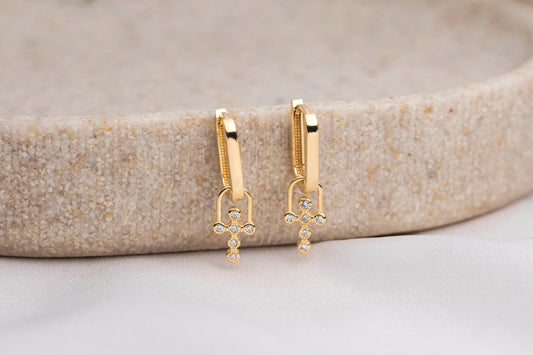 14K Solid Gold Cross Earrings, Minimalist Cross Hoop Earrings, Cross Pendant Earrings, Diamond Cross Earring,  Cross Huggie Hoop Earrings