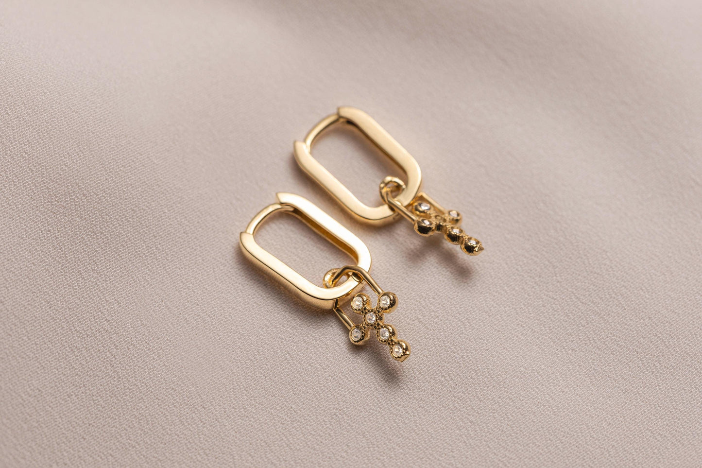 14K Solid Gold Cross Earrings, Minimalist Cross Hoop Earrings, Cross Pendant Earrings, Diamond Cross Earring,  Cross Huggie Hoop Earrings