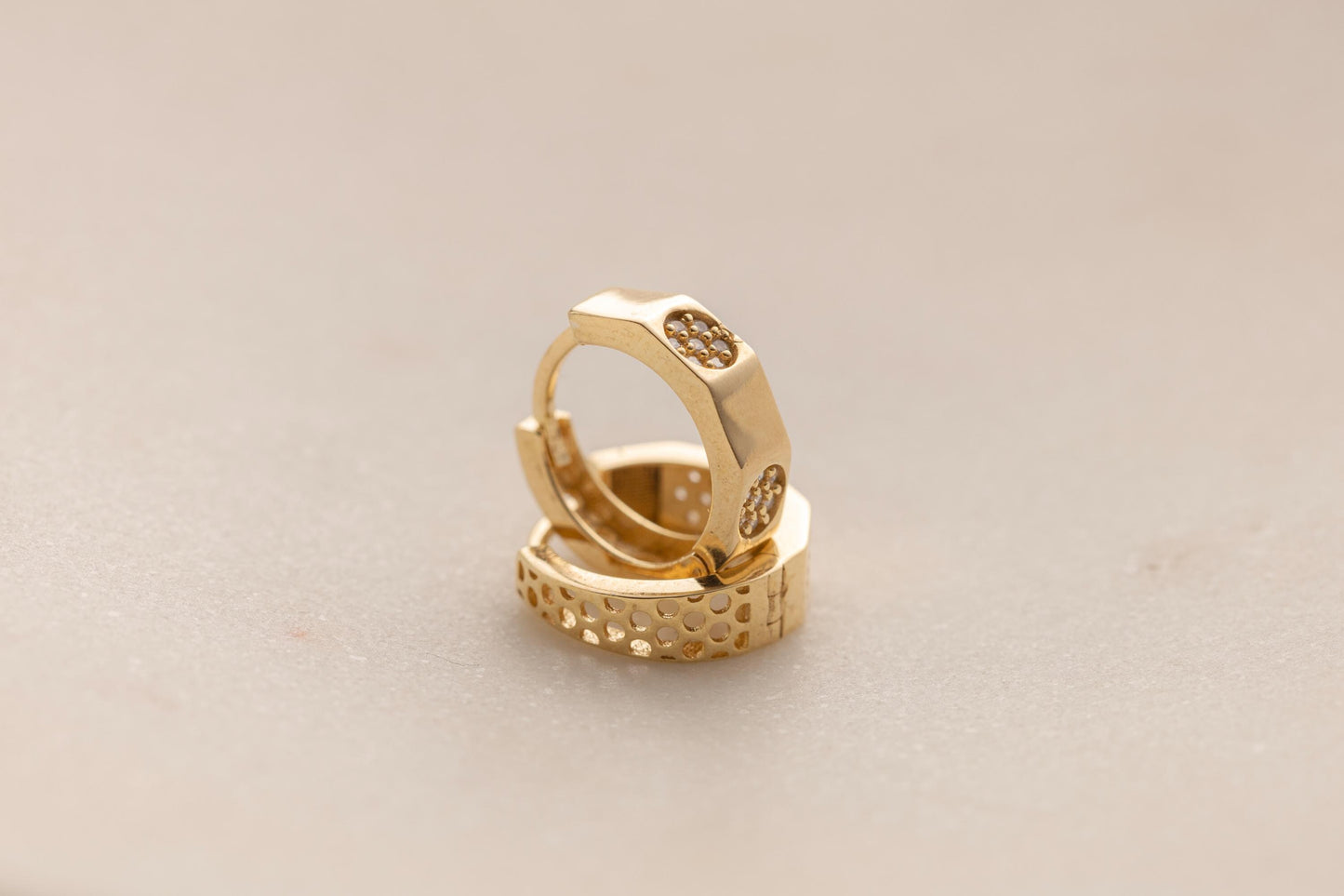 14k Gold Chunky Huggie Hoop Earrings, Pave CZ Hoop, Textured Perforated Gold Earrings, Minimalist Everyday Earrings, Silver and Gold Hoops