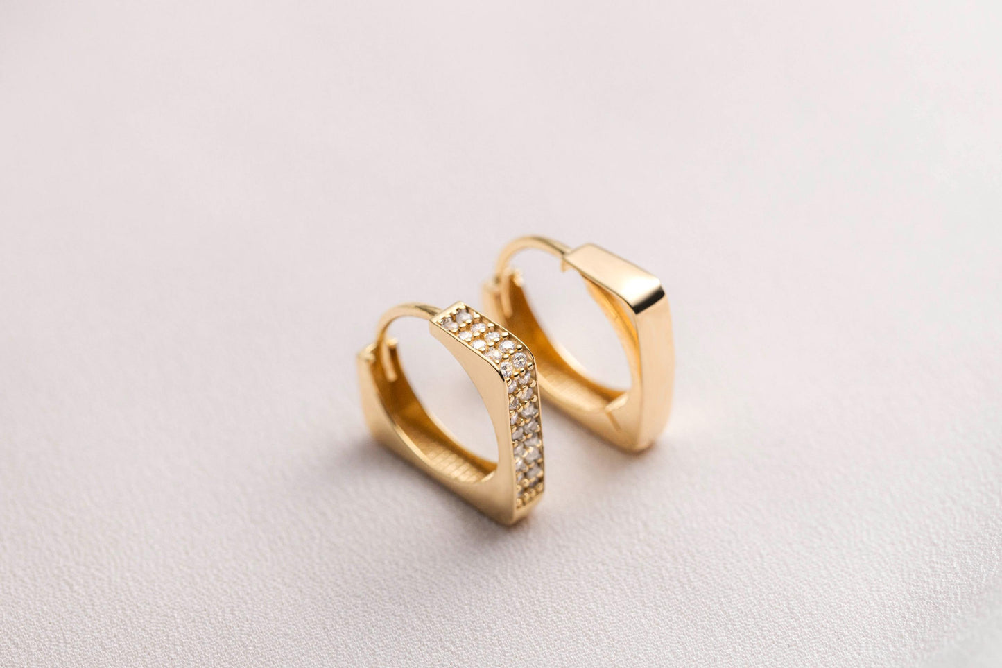 14k Gold Square Huggie Hoop Earrings, CZ Pave Gold Huggies, Geometric Small Gold Hoops, Minimalist Dainty Gold Earrings, Tiny Square Hoop