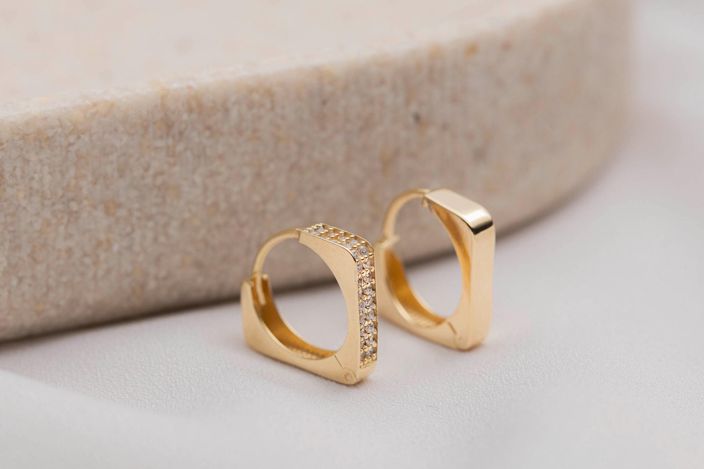 14k Gold Square Huggie Hoop Earrings, CZ Pave Gold Huggies, Geometric Small Gold Hoops, Minimalist Dainty Gold Earrings, Tiny Square Hoop
