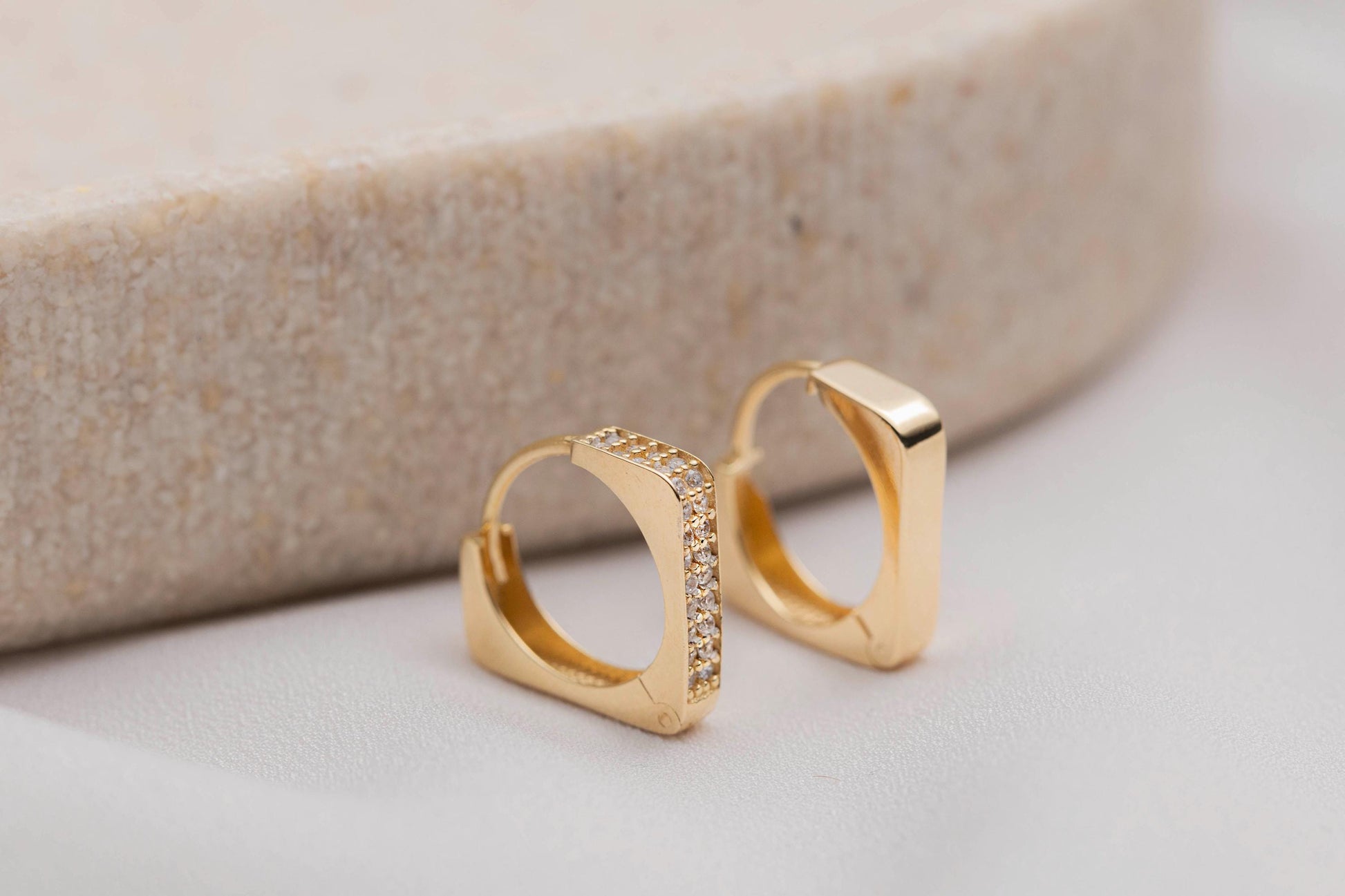 14k Gold Square Huggie Hoop Earrings, CZ Pave Gold Huggies, Geometric Small Gold Hoops, Minimalist Dainty Gold Earrings, Tiny Square Hoop