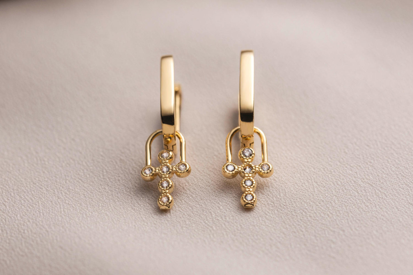 14K Solid Gold Cross Earrings, Minimalist Cross Hoop Earrings, Cross Pendant Earrings, Diamond Cross Earring,  Cross Huggie Hoop Earrings