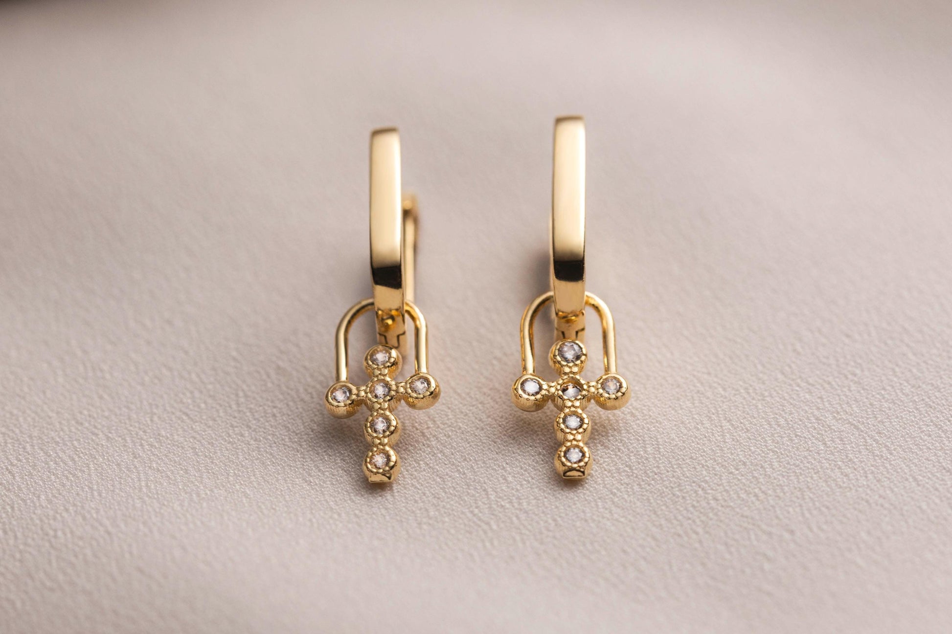 14K Solid Gold Cross Earrings, Minimalist Cross Hoop Earrings, Cross Pendant Earrings, Diamond Cross Earring,  Cross Huggie Hoop Earrings