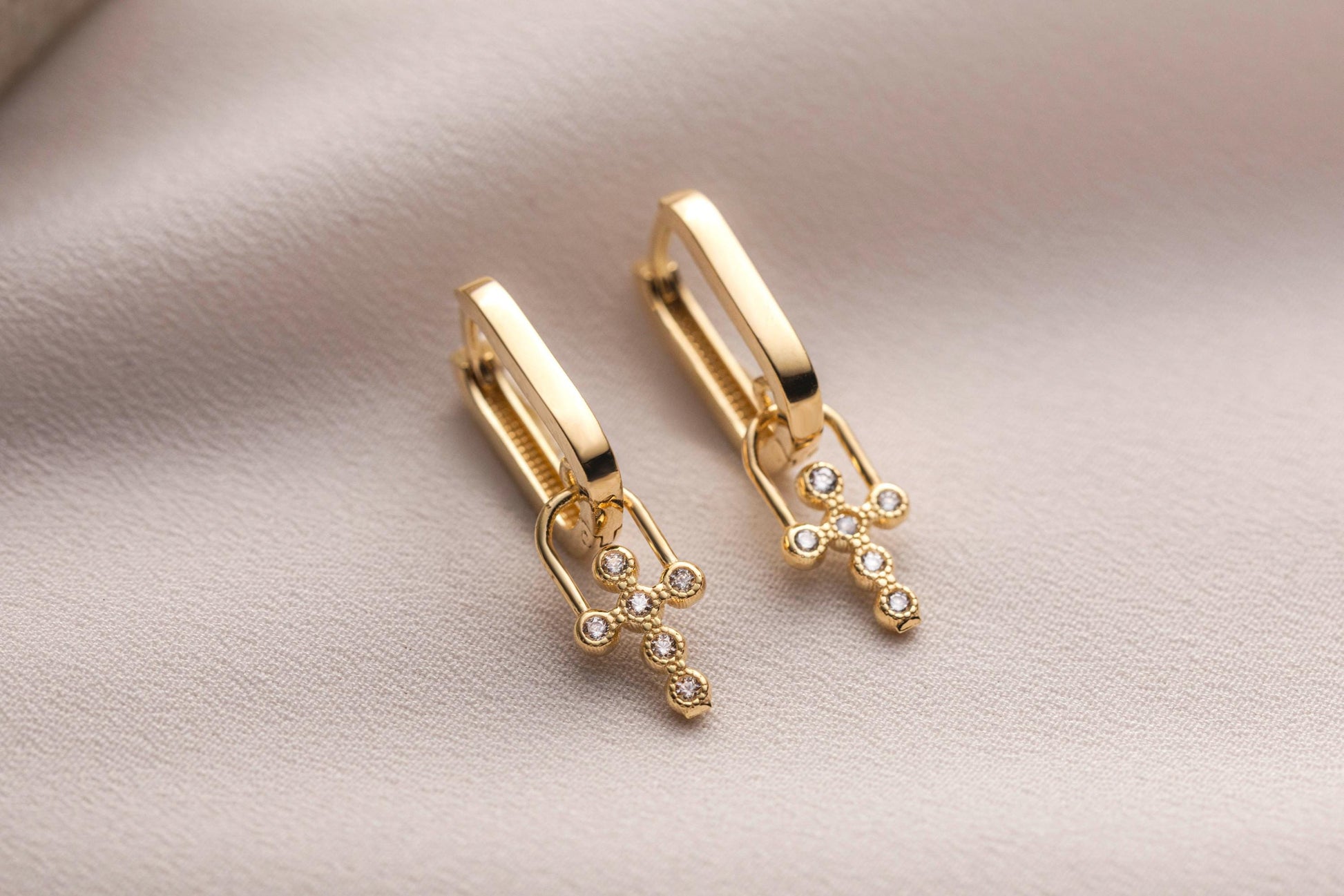 14K Solid Gold Cross Earrings, Minimalist Cross Hoop Earrings, Cross Pendant Earrings, Diamond Cross Earring,  Cross Huggie Hoop Earrings