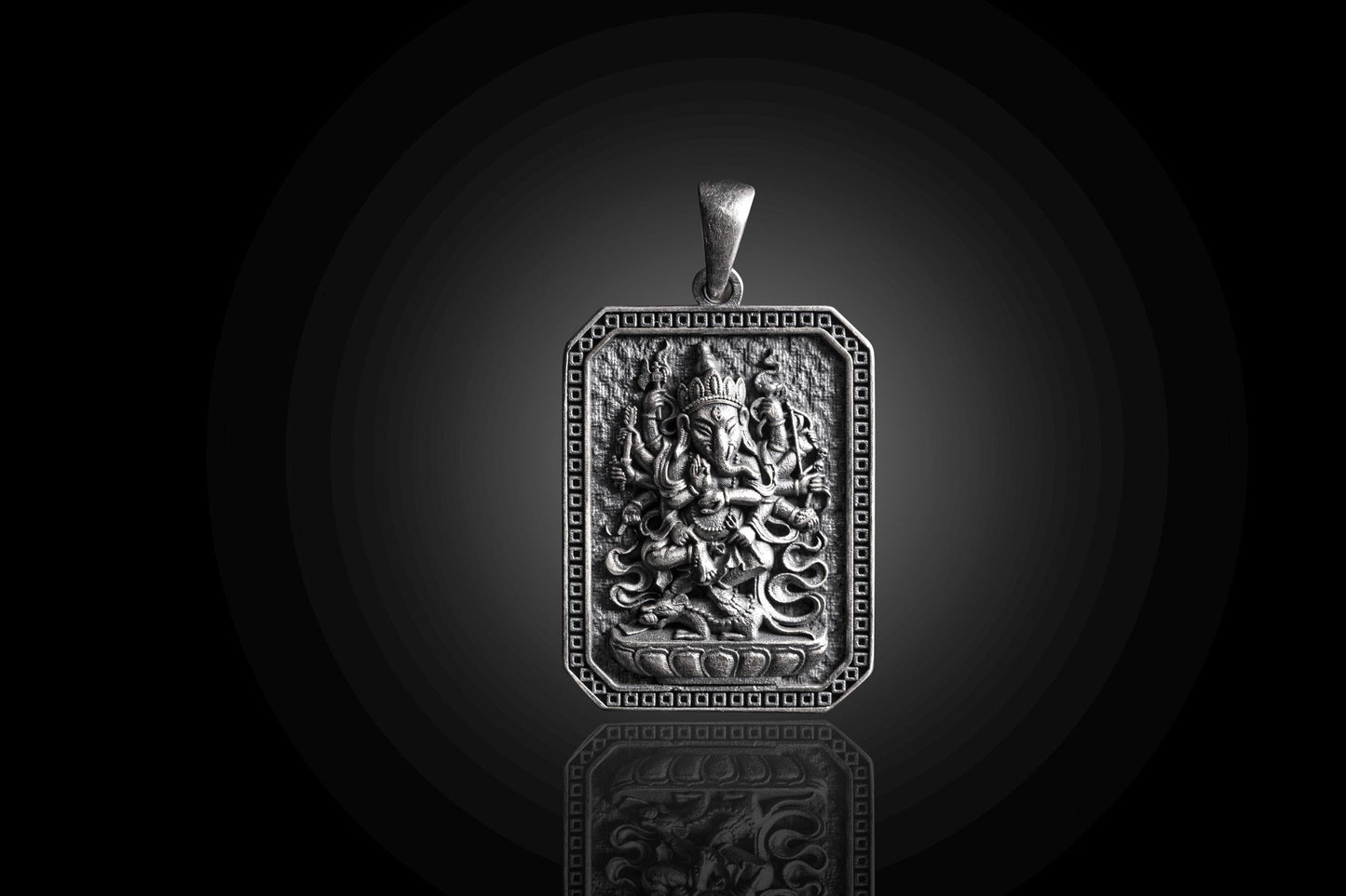 925 Silver Ganesha Pendant featuring an intricately detailed rectangular design with the Hindu deity Ganesha, crafted in high-quality silver jewelry.