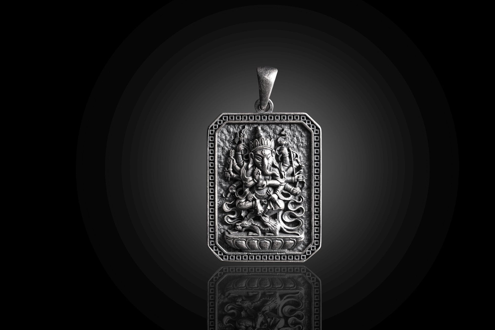 925 Silver Ganesha Pendant featuring an intricately detailed rectangular design with the Hindu deity Ganesha, crafted in high-quality silver jewelry.