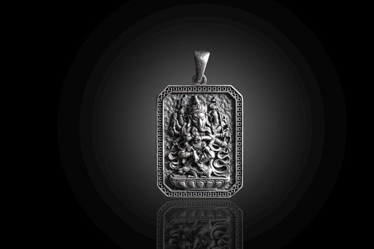 925 Silver Ganesha Pendant featuring an intricately detailed rectangular design with the Hindu deity Ganesha, crafted in high-quality silver jewelry.