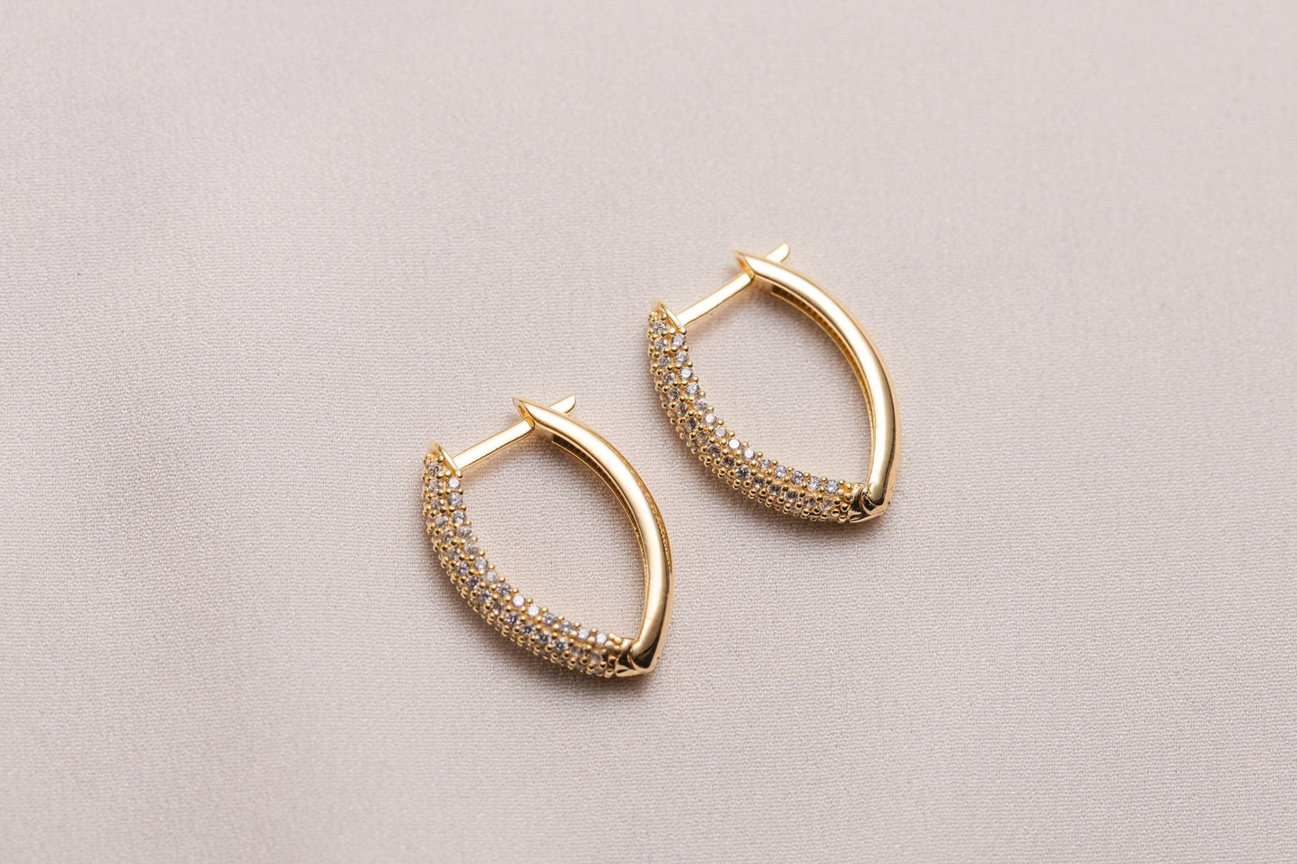 CZ Pave Hoop Earrings, Diamond Hoop Earrings, 14k Gold, Diamond Oval Hoop Huggies, Handmade Diamond Mini Huggie Earrings, Dainty Gold Hoops