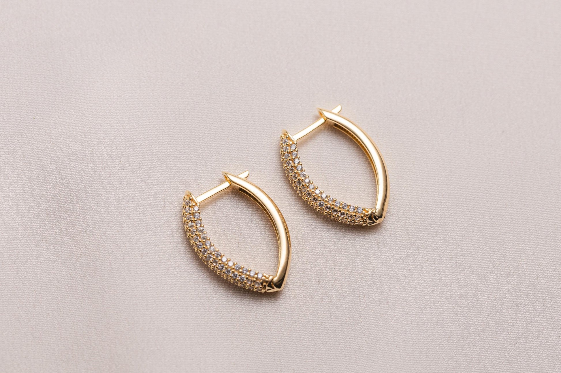 CZ Pave Hoop Earrings, Diamond Hoop Earrings, 14k Gold, Diamond Oval Hoop Huggies, Handmade Diamond Mini Huggie Earrings, Dainty Gold Hoops