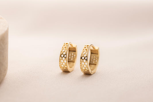 14k Gold Chunky Huggie Hoop Earrings, Pave CZ Hoop, Textured Perforated Gold Earrings, Minimalist Everyday Earrings, Silver and Gold Hoops