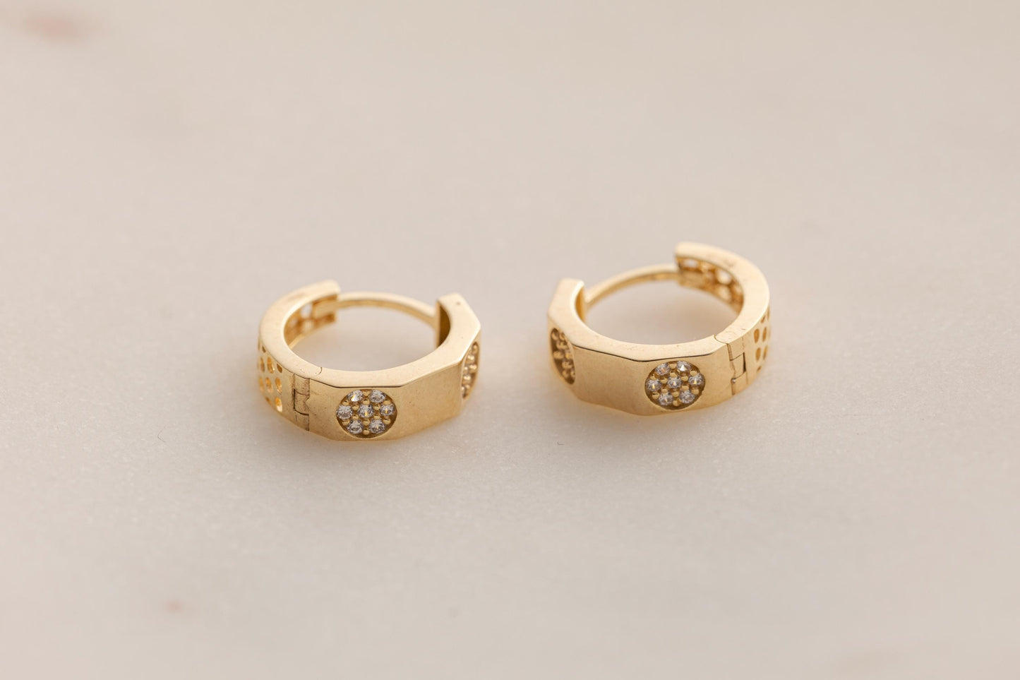 14k Gold Chunky Huggie Hoop Earrings, Pave CZ Hoop, Textured Perforated Gold Earrings, Minimalist Everyday Earrings, Silver and Gold Hoops