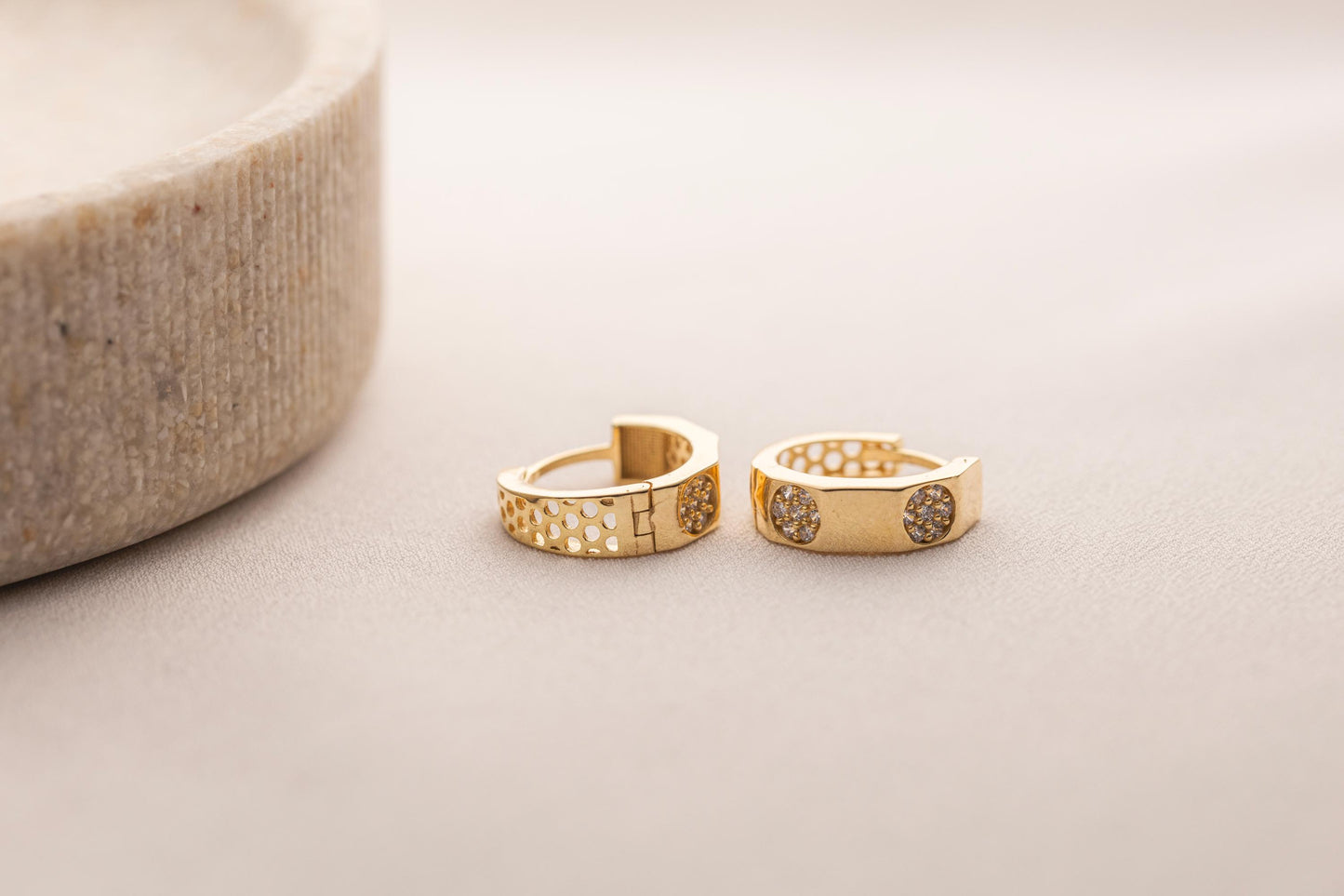 14k Gold Chunky Huggie Hoop Earrings, Pave CZ Hoop, Textured Perforated Gold Earrings, Minimalist Everyday Earrings, Silver and Gold Hoops