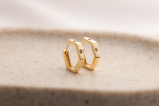 14k Gold Hexagon Huggie Hoop Earrings, Geometric Gold Earrings, Minimalist CZ Hoop, Modern Small Gold Hoops, Dainty Hexagon Earrings