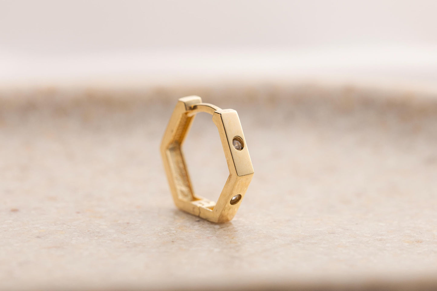 14k Gold Hexagon Huggie Hoop Earrings, Geometric Gold Earrings, Minimalist CZ Hoop, Modern Small Gold Hoops, Dainty Hexagon Earrings