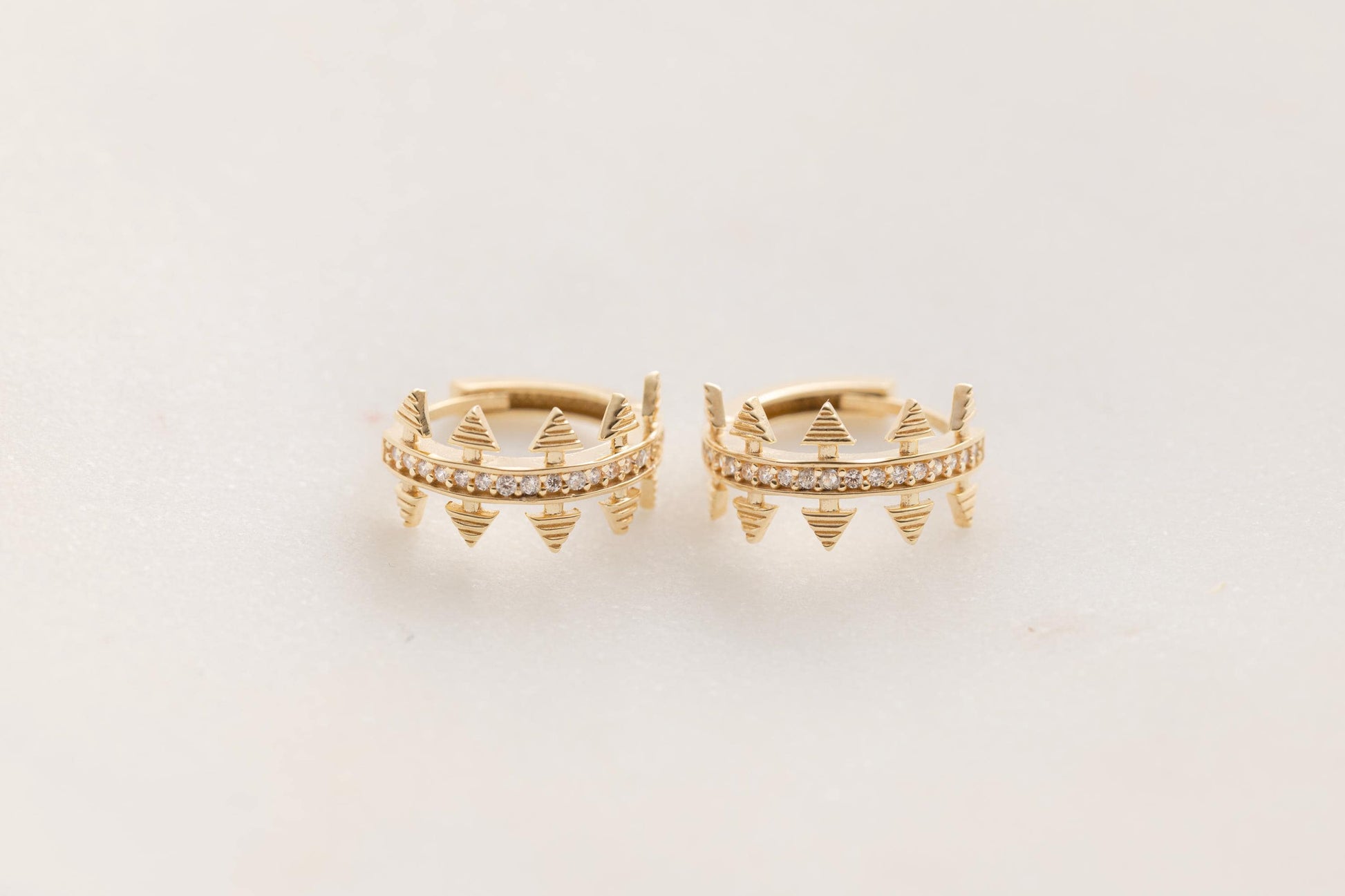 Gold Spike Hoop Earrings, Edgy Crown Huggie Hoops, Pave CZ Spike Earrings, Geometric Gold Statement Hoops, Trendy Spiked Huggie Earrings