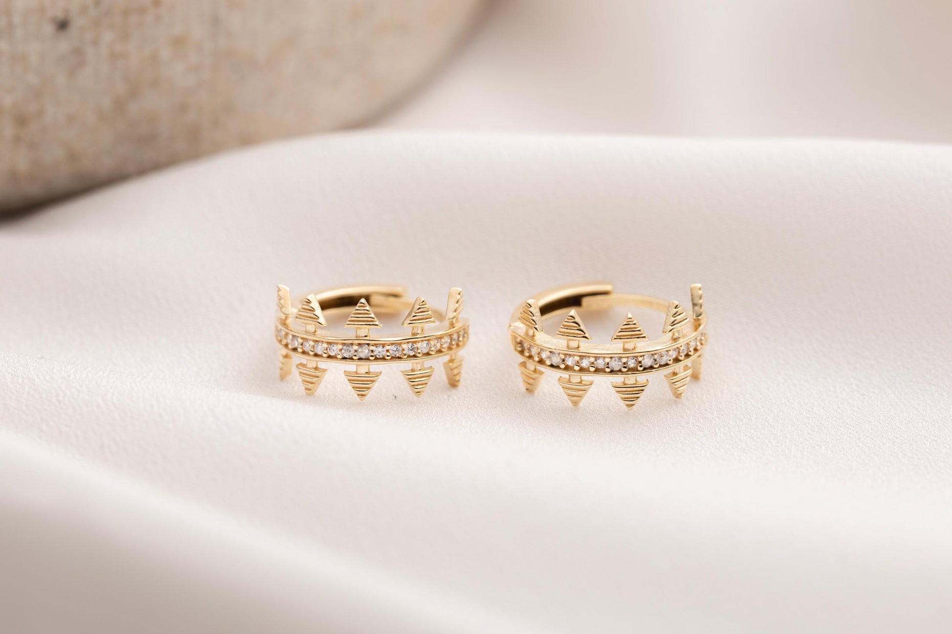 Gold Spike Hoop Earrings, Edgy Crown Huggie Hoops, Pave CZ Spike Earrings, Geometric Gold Statement Hoops, Trendy Spiked Huggie Earrings