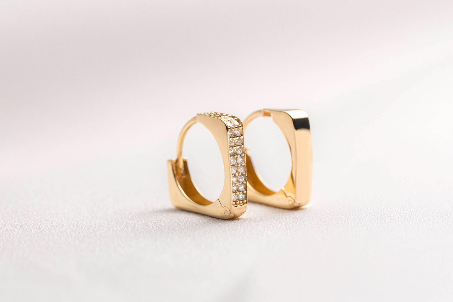14k Gold Square Huggie Hoop Earrings, CZ Pave Gold Huggies, Geometric Small Gold Hoops, Minimalist Dainty Gold Earrings, Tiny Square Hoop