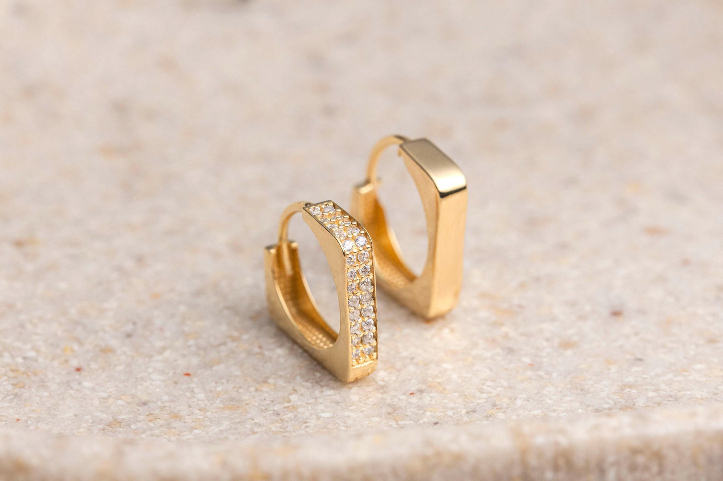 14k Gold Square Huggie Hoop Earrings, CZ Pave Gold Huggies, Geometric Small Gold Hoops, Minimalist Dainty Gold Earrings, Tiny Square Hoop