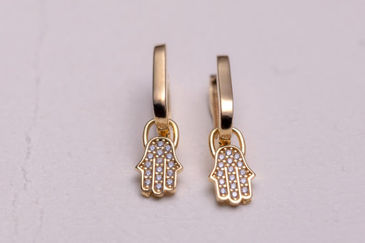 Hamsa Hand Hoop Earrings, 14K Gold CZ Huggie Earrings, Evil Eye Protection Earrings, Fatima Hand Gold Hoops, Minimal Dangle Earrings Gift