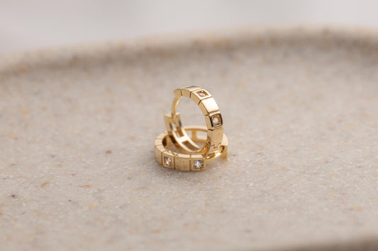 14k Gold Geometric Huggie Hoop Earrings, Square CZ Gold Huggies, Modern Chunky Small Hoop, Minimalist Gold Hoop, Dainty Everyday Earrings