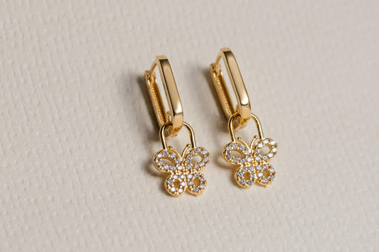 Gold Butterfly Charm Huggie Hoop Earrings, Dainty CZ Butterfly Earrings, Minimal Gold Hoop Earrings, Sparkly Butterfly Jewelry Gift