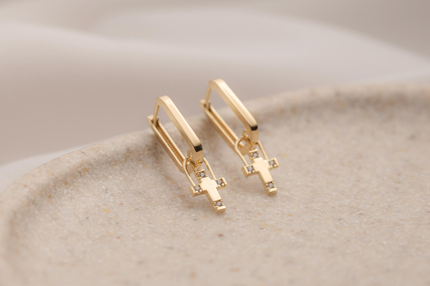 Dainty Cross Hoop Earrings, 14K Solid Gold Cross Earrings, Minimalist Cross Hoop Earrings, Cross Pendant Earrings, Diamond Cross Earring
