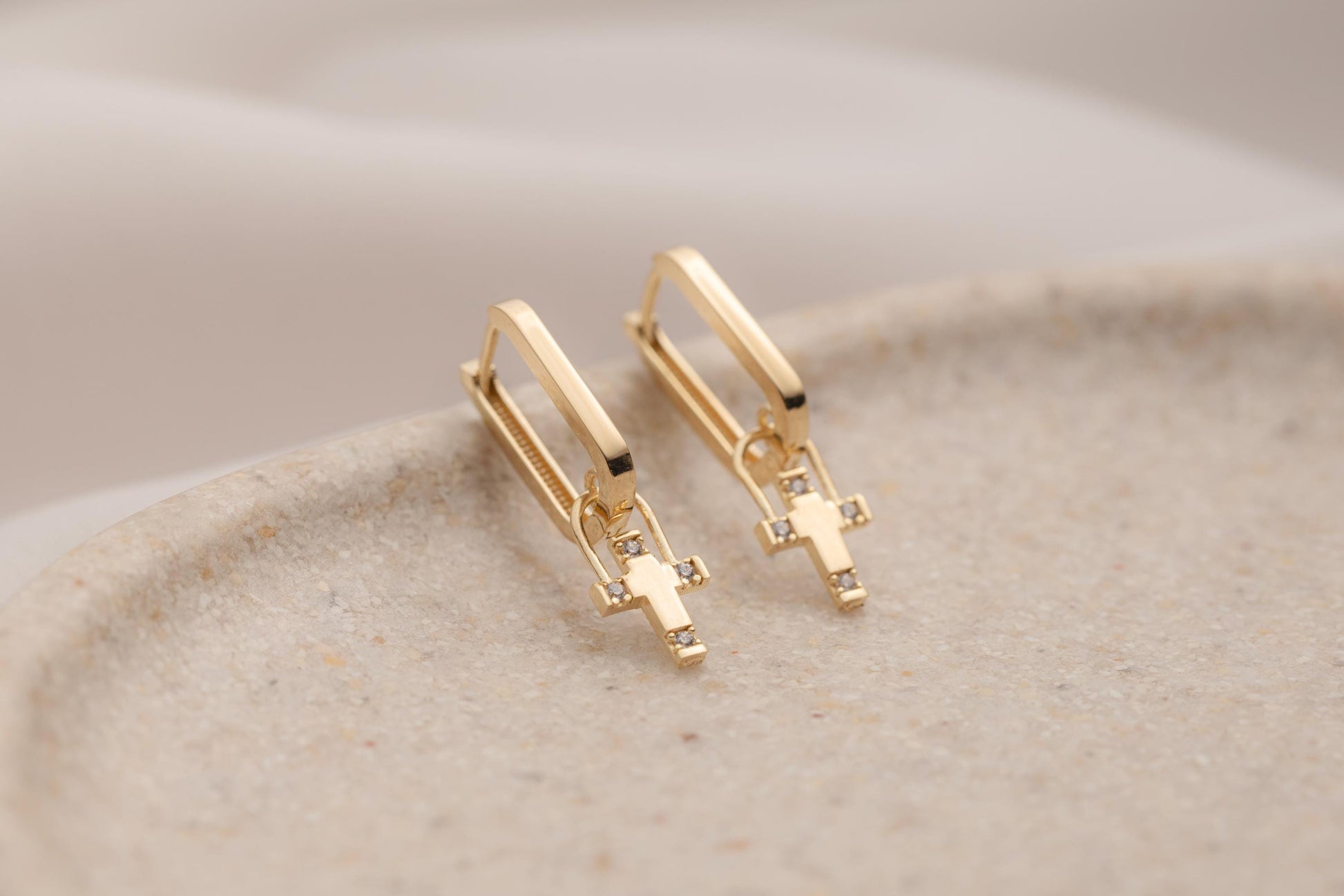 Dainty Cross Hoop Earrings, 14K Solid Gold Cross Earrings, Minimalist Cross Hoop Earrings, Cross Pendant Earrings, Diamond Cross Earring