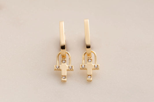 Dainty Cross Hoop Earrings, 14K Solid Gold Cross Earrings, Minimalist Cross Hoop Earrings, Cross Pendant Earrings, Diamond Cross Earring