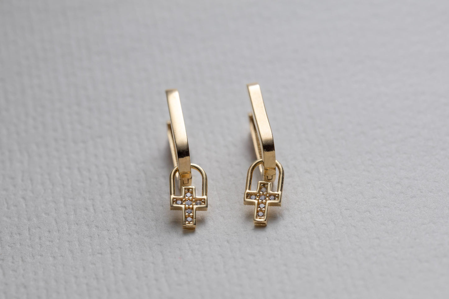 Gold Cross Charm Huggie Hoop Earrings, Dainty CZ Cross Earrings, Minimal Gold Huggie Hoops, Faith Religious Jewelry, Everyday Gold Earrings