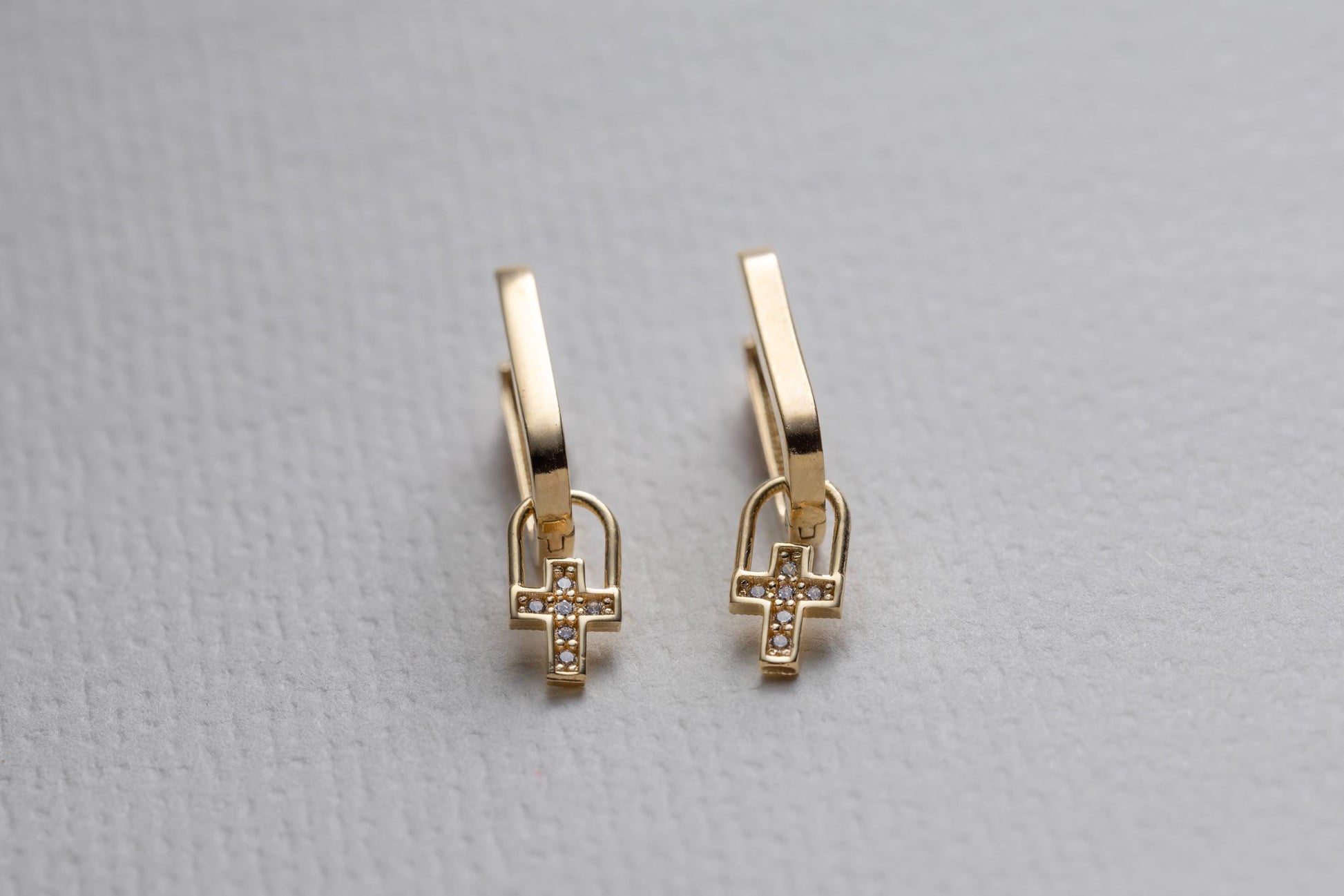 Gold Cross Charm Huggie Hoop Earrings, Dainty CZ Cross Earrings, Minimal Gold Huggie Hoops, Faith Religious Jewelry, Everyday Gold Earrings