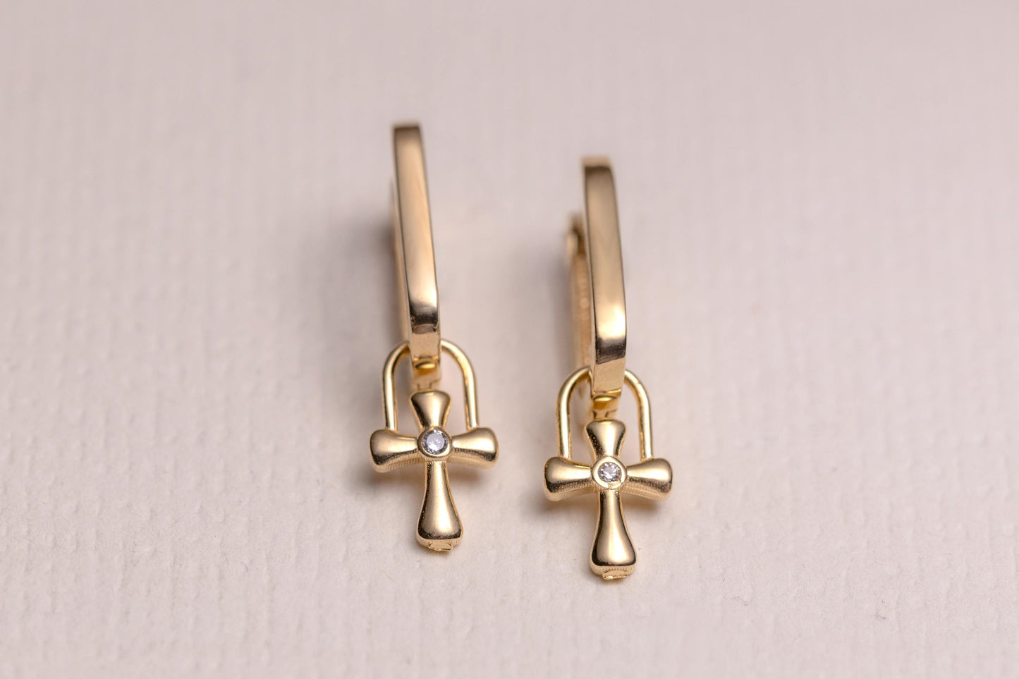 Gold Cross Charm Huggie Hoop Earrings, Dainty CZ Cross Earrings, Minimal Gold Hoop Earrings, Christian Faith Jewelry Gift