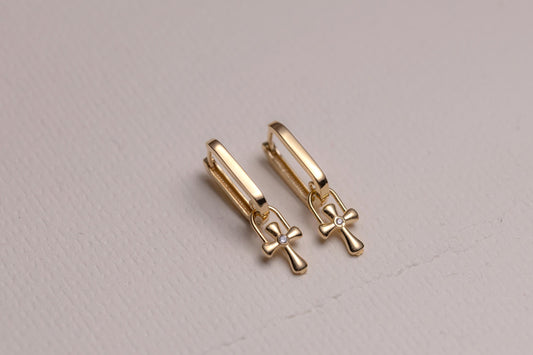 Gold Cross Charm Huggie Hoop Earrings, Dainty CZ Cross Earrings, Minimal Gold Hoop Earrings, Christian Faith Jewelry Gift