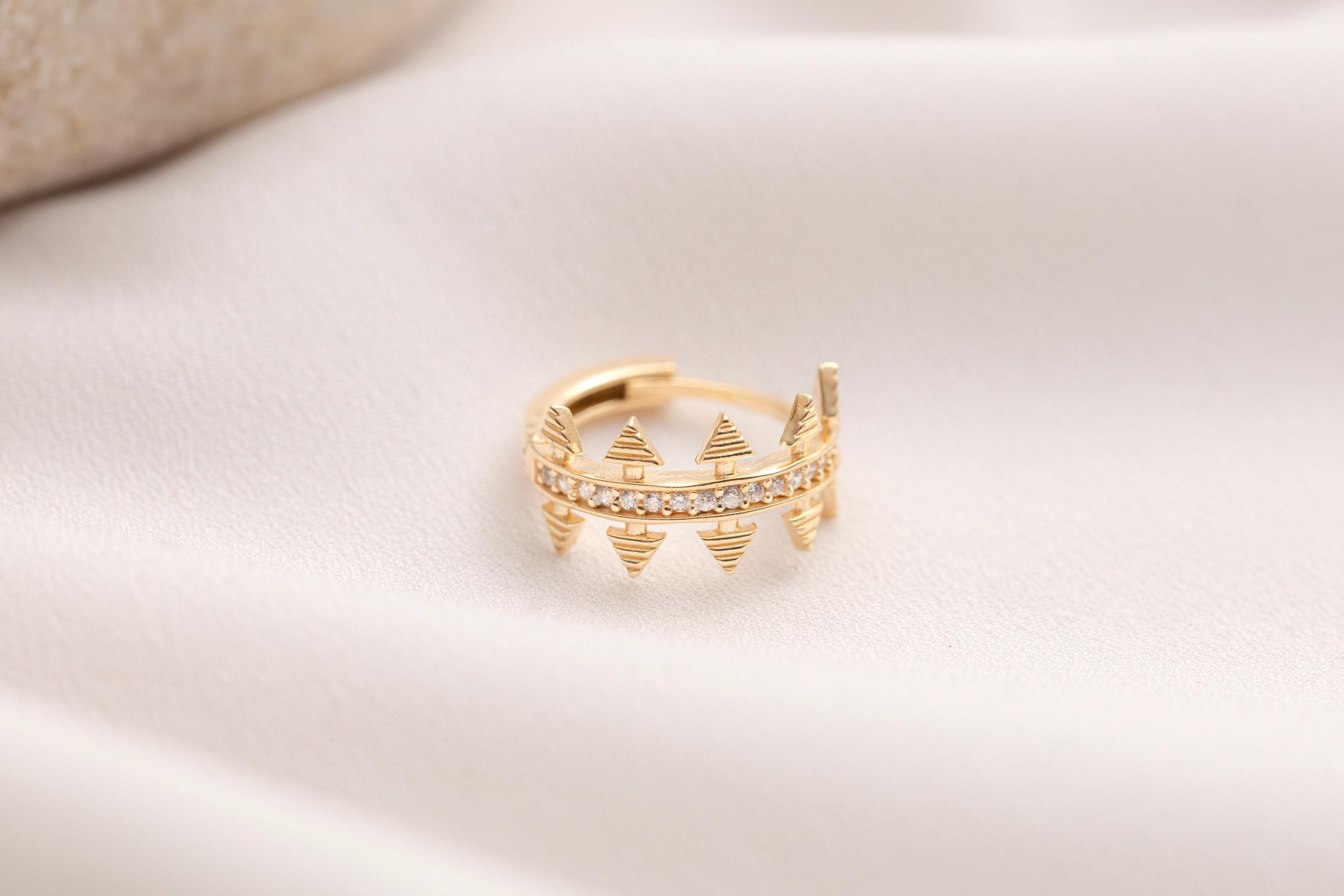 Gold Spike Hoop Earrings, Edgy Crown Huggie Hoops, Pave CZ Spike Earrings, Geometric Gold Statement Hoops, Trendy Spiked Huggie Earrings