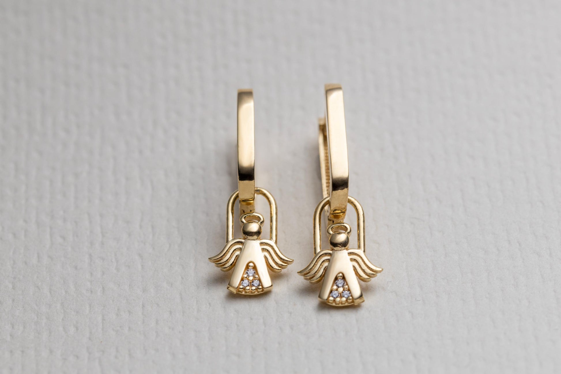 Minimal Gold Angel Huggie Earrings, Tiny Guardian Angel Charm Hoops, Dainty CZ Gold Earrings, Spiritual Protection Jewelry, Gift for Her