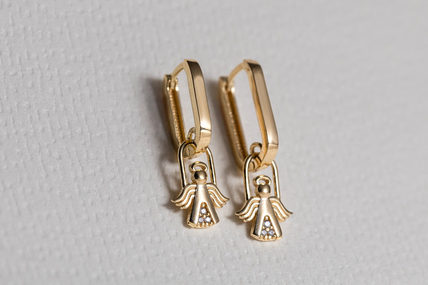 Minimal Gold Angel Huggie Earrings, Tiny Guardian Angel Charm Hoops, Dainty CZ Gold Earrings, Spiritual Protection Jewelry, Gift for Her