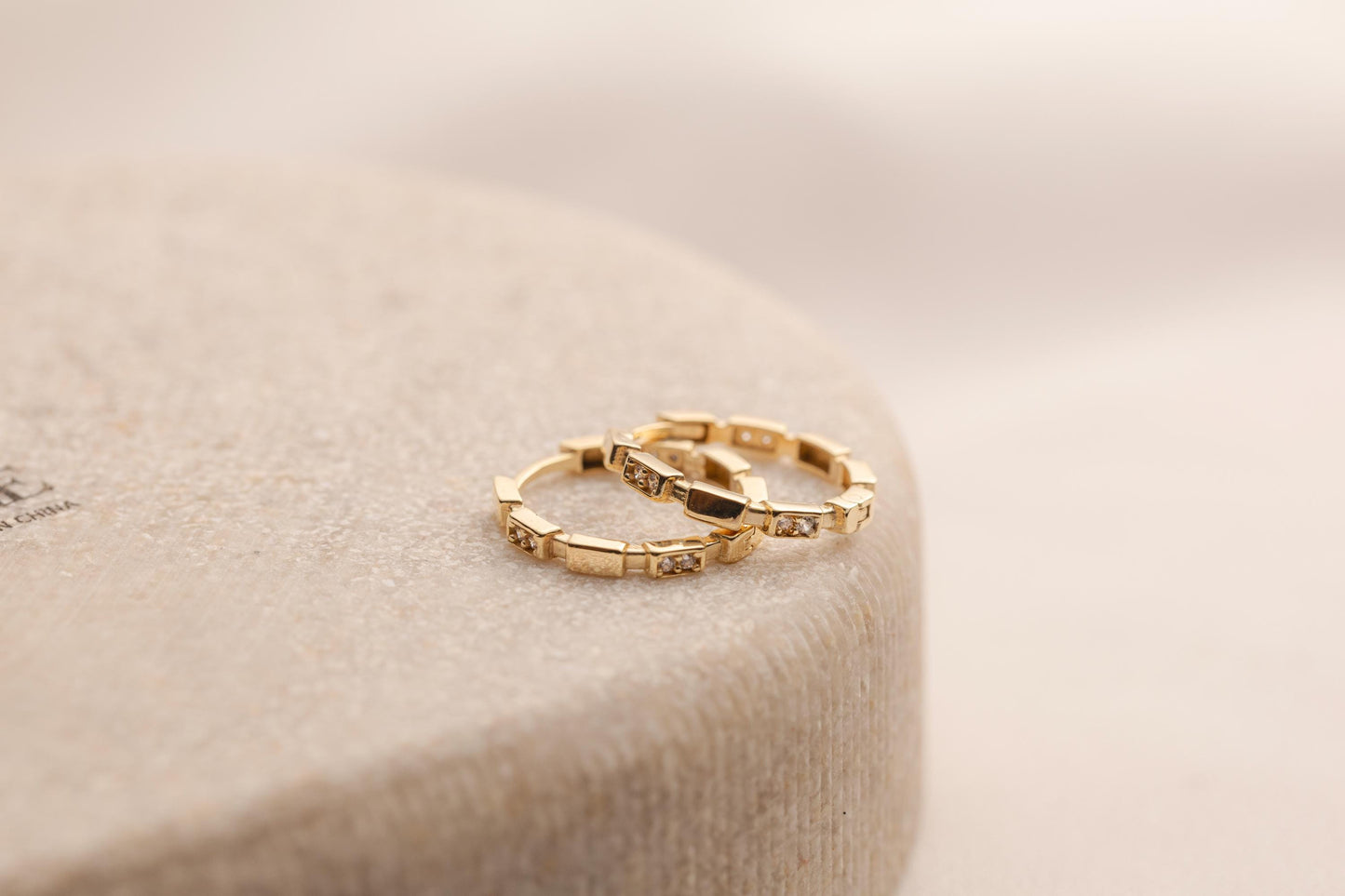 14K Gold CZ Huggie Hoop Earrings, Geometric Link Gold Hoops, Minimal Pave CZ Earrings, Modern Small Gold Hoop Earrings, Gold CZ Hoop Earring