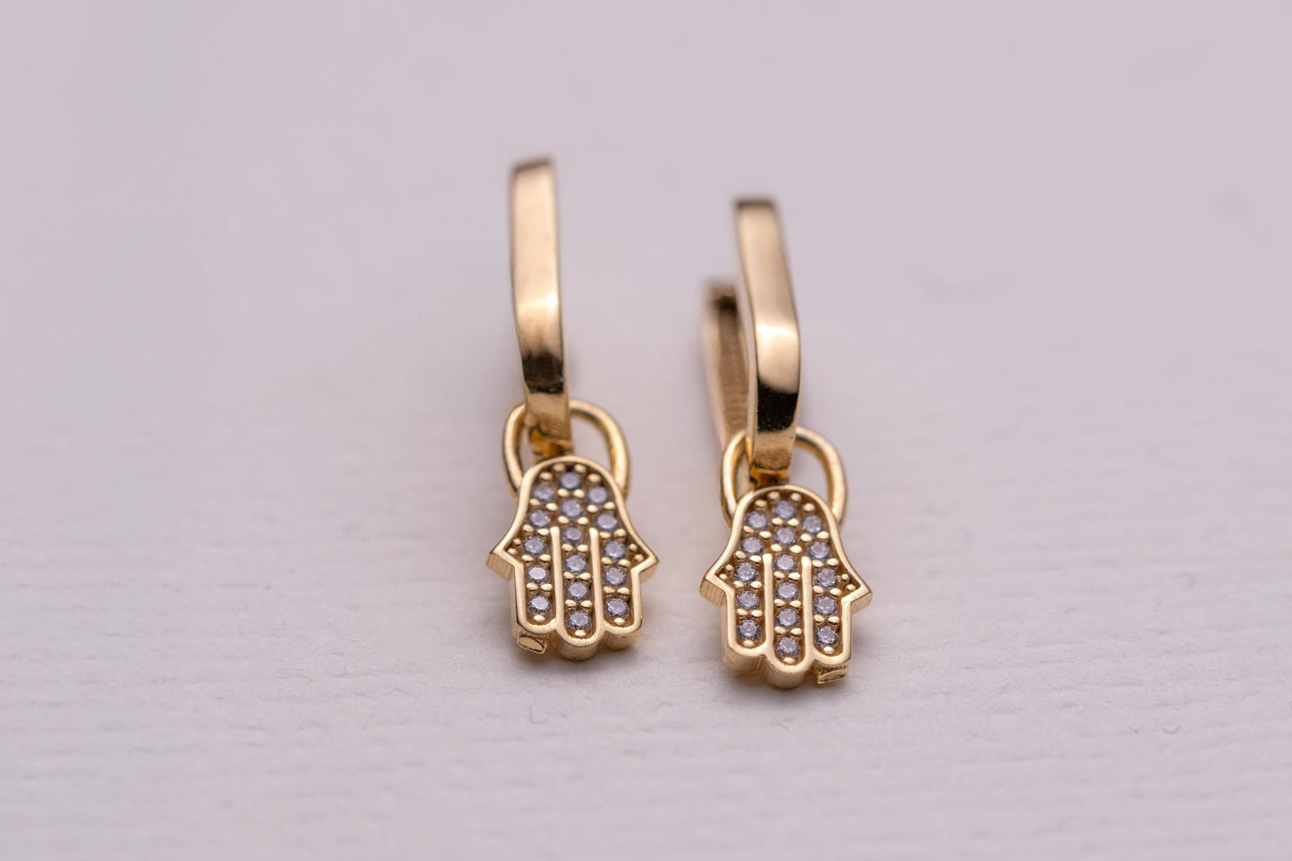 Hamsa Hand Hoop Earrings, 14K Gold CZ Huggie Earrings, Evil Eye Protection Earrings, Fatima Hand Gold Hoops, Minimal Dangle Earrings Gift
