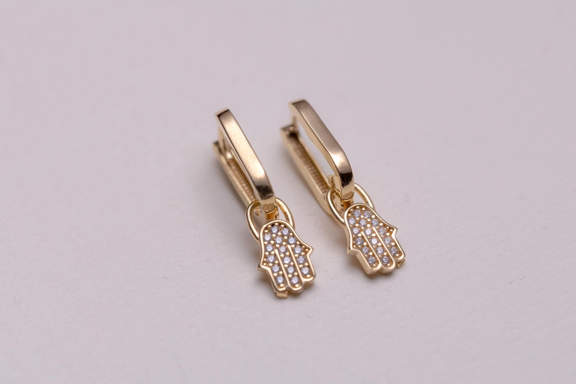 Hamsa Hand Hoop Earrings, 14K Gold CZ Huggie Earrings, Evil Eye Protection Earrings, Fatima Hand Gold Hoops, Minimal Dangle Earrings Gift