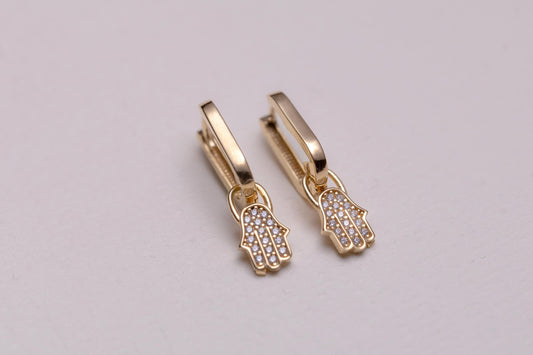 Hamsa Hand Hoop Earrings, 14K Gold CZ Huggie Earrings, Evil Eye Protection Earrings, Fatima Hand Gold Hoops, Minimal Dangle Earrings Gift